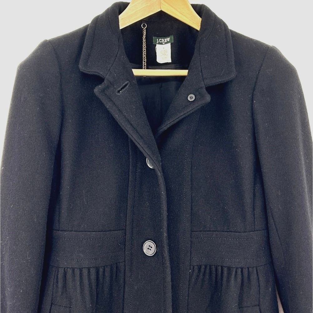 J.Crew Black Wool Coat Women's Lady Day Midi Fit & Flare Pleated‎ A-Line Size 8 - Picture 3 of 9